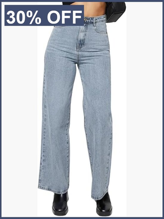 Denim - High Waisted Straight Leg Jeans Frayed Raw Hem Baggy Loose Cropped Wide Leg